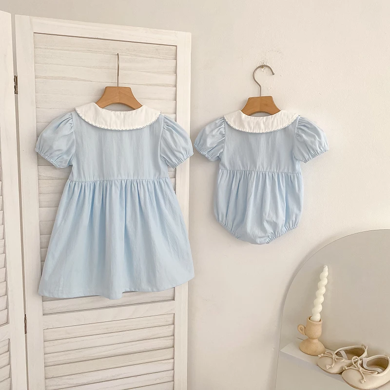 2026 Summer New 0-24M Baby Girls Jumpsuit Korean Version Short Sleeved Bodysuit Flower Embroidered Sweet Blue Romper