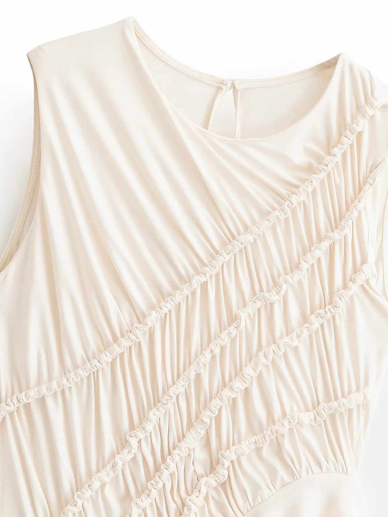Willshela Women Fashion Beige Pleated Asymmetrical Pullover Tops Vintage O-Neck Sleeveless Female Chic Lady Tank Tops