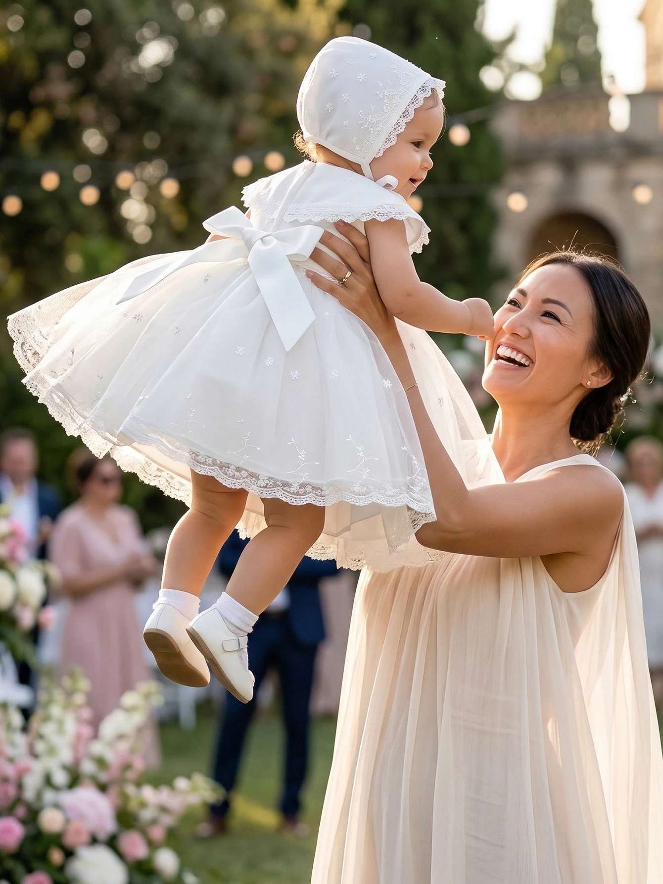 High-quality Lace Embroidered White Christening Dress for Baby Aged 0-2 Years. Suitable for Wedding, Birthday Party, With a Hat
