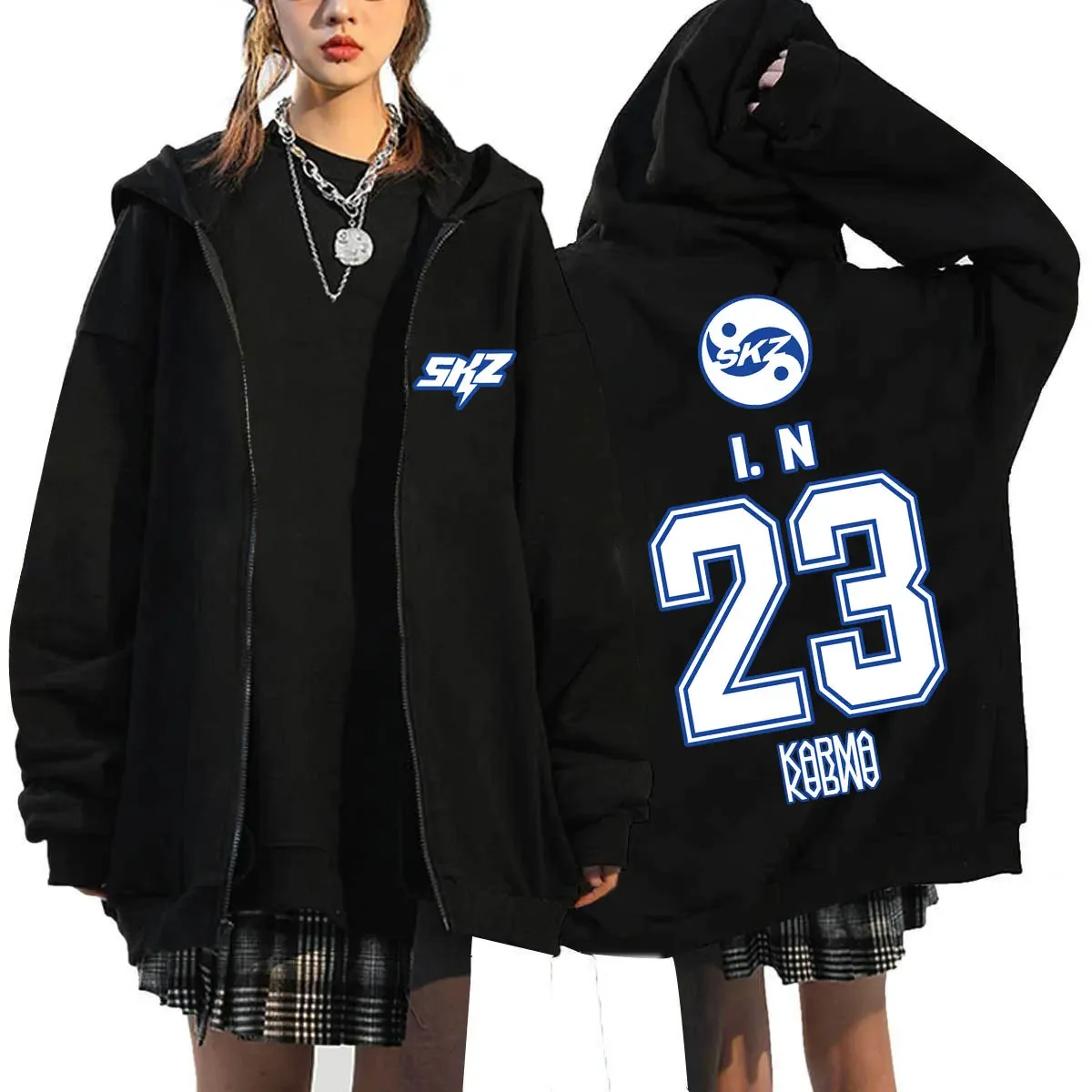 2025 Men Women KPOP KARMA Print Zip Up Hoodie Fashion Casual Loose Fleece Lined Long Sleeve