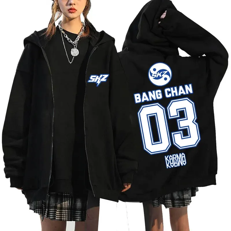 2025 Men Women KPOP KARMA Print Zip Up Hoodie Fashion Casual Loose Fleece Lined Long Sleeve