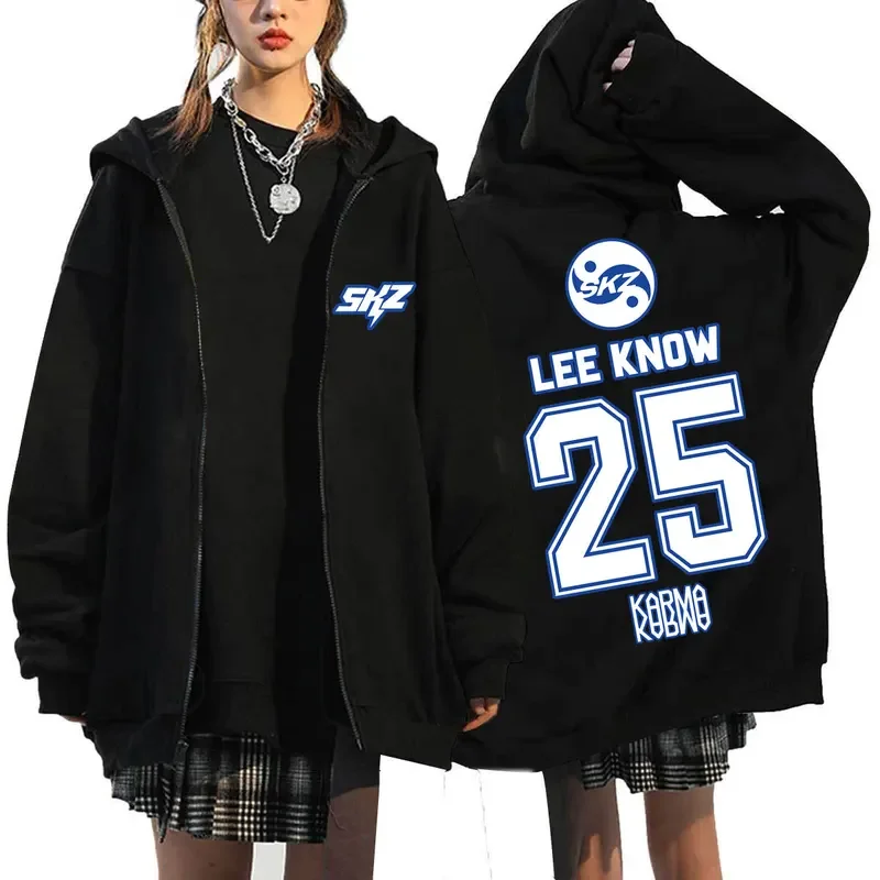 2025 Men Women KPOP KARMA Print Zip Up Hoodie Fashion Casual Loose Fleece Lined Long Sleeve