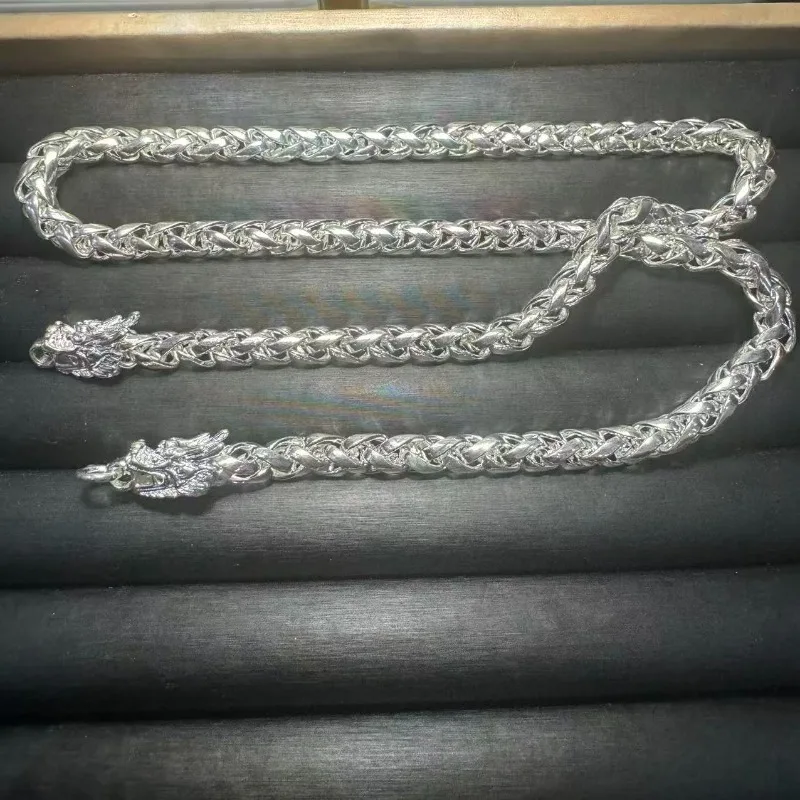 2026 Hot Sale Retro Tibetan Silver Necklace, Handcrafted Double Dragon Head Hollow Pendant, Exotic Chinese Style, Unisex Vintage