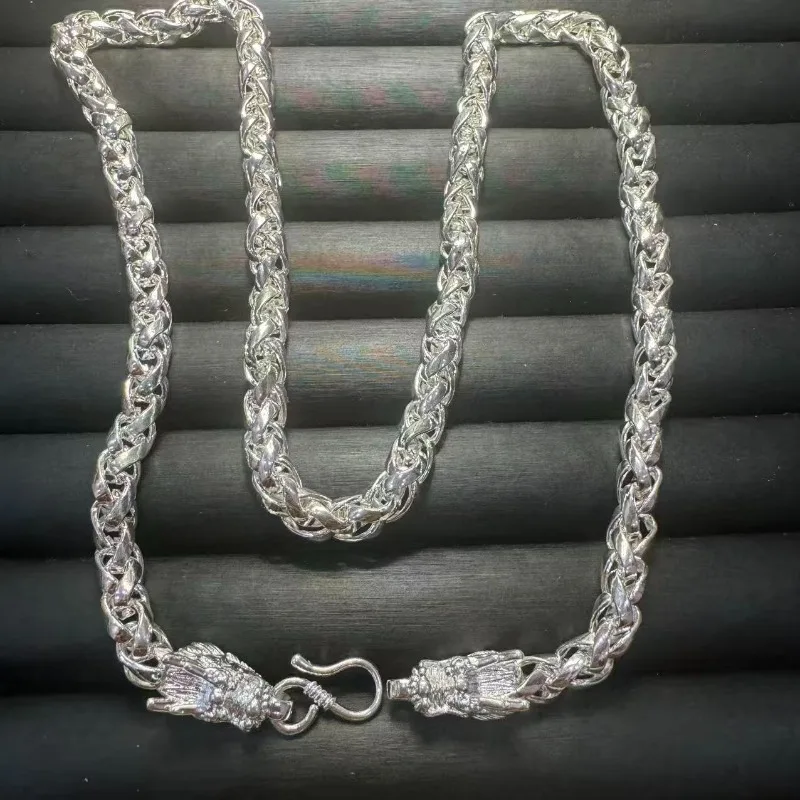 2026 Hot Sale Retro Tibetan Silver Necklace, Handcrafted Double Dragon Head Hollow Pendant, Exotic Chinese Style, Unisex Vintage
