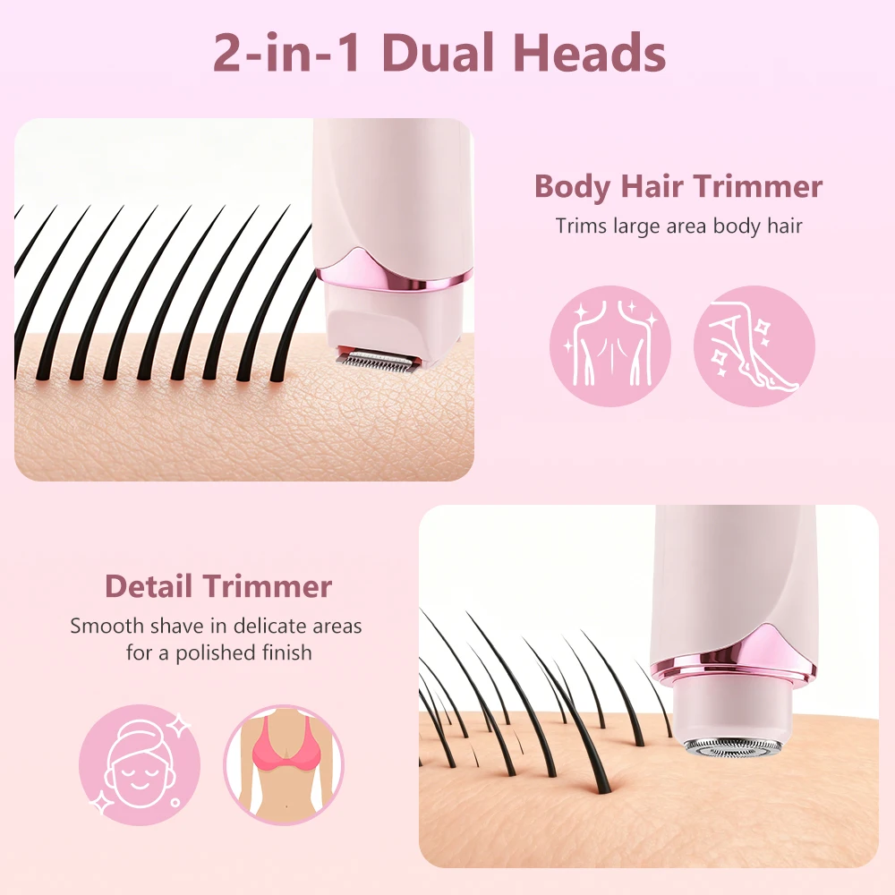 Women's 2-in-1 Dual-Head Electric Razor Painless Bikini Trimmer Wet/Dry Use Detachable Head for Ladies Hair Shaver