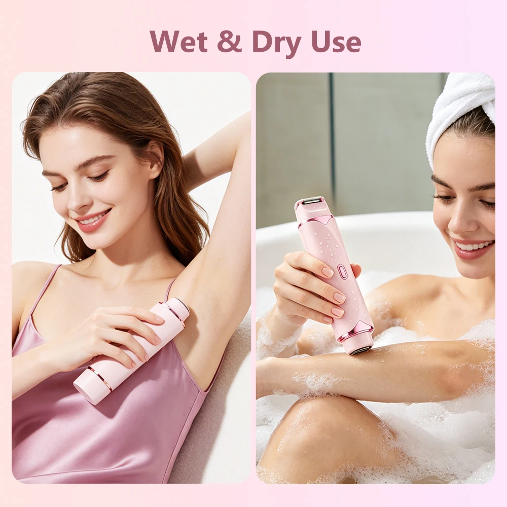 Women's 2-in-1 Dual-Head Electric Razor Painless Bikini Trimmer Wet/Dry Use Detachable Head for Ladies Hair Shaver