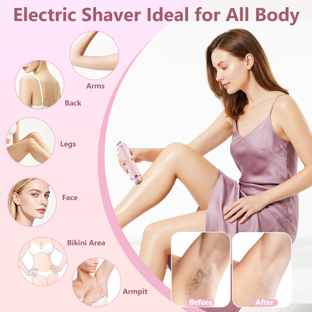 Women's 2-in-1 Dual-Head Electric Razor Painless Bikini Trimmer Wet/Dry Use Detachable Head for Ladies Hair Shaver