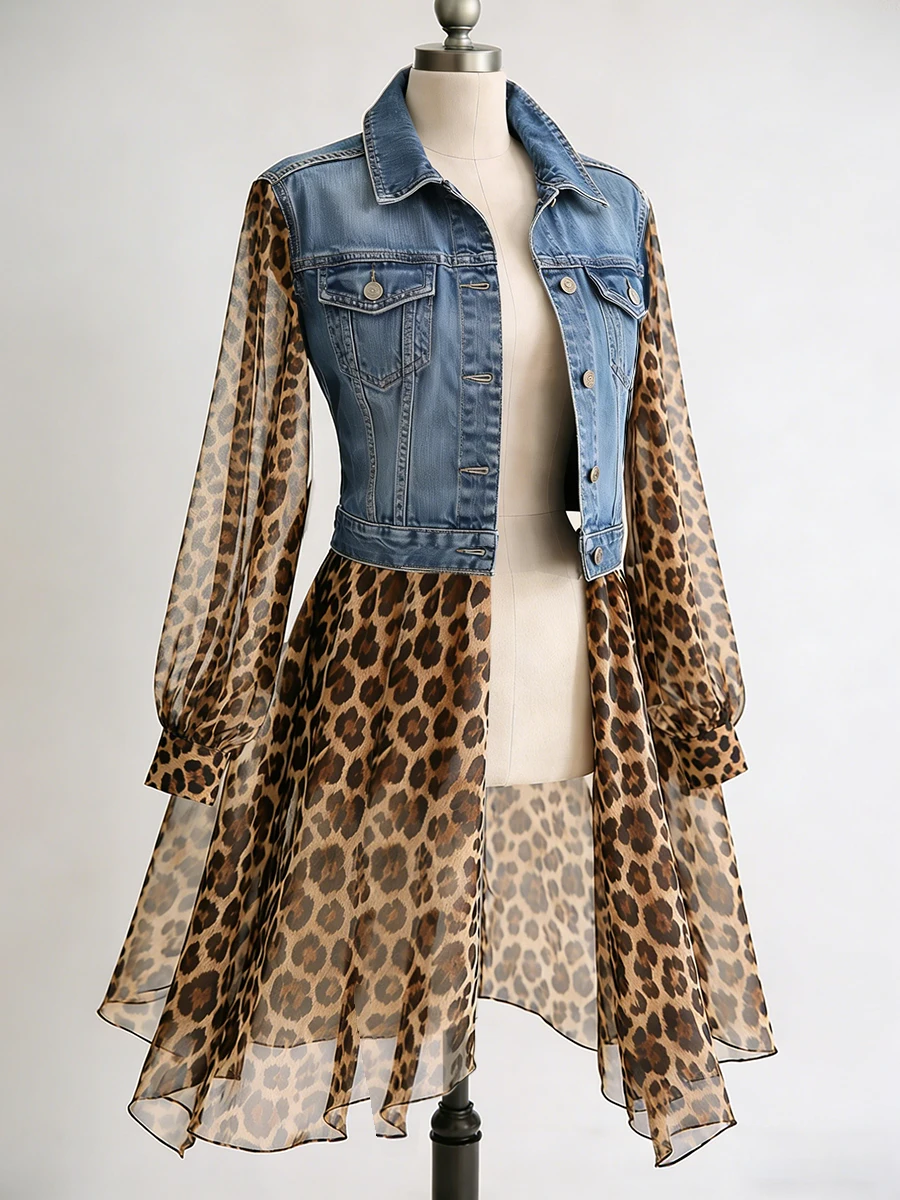 Vintage Chiffon Leopard Women Denim Coat Turndown Collar See-Through Long Sleeve Slim Fit Top Elegant Single-breasted Jackets