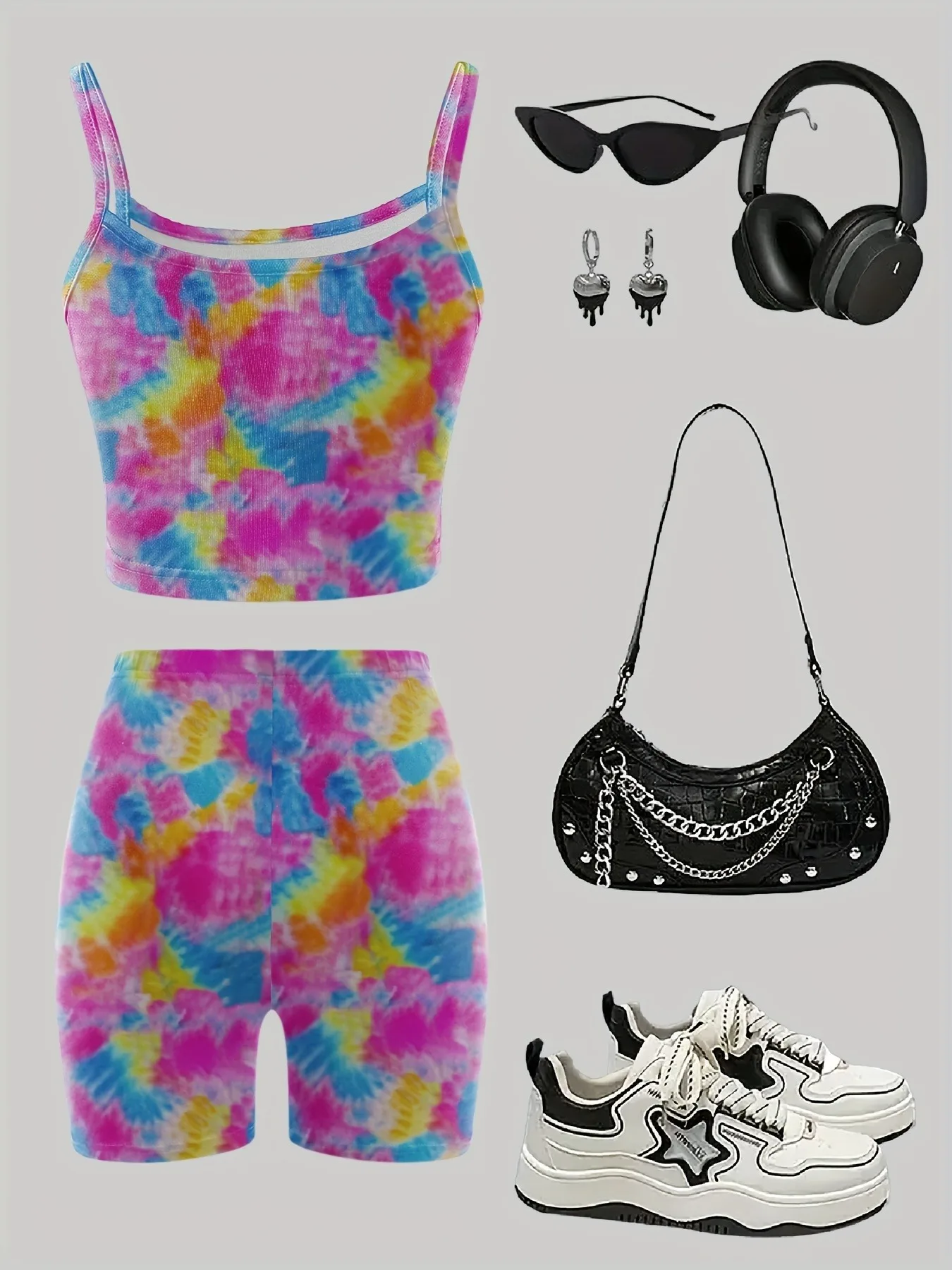 Kids Girls 2-Piece Tie-Dye Cami Crop Top & Biker Shorts Set Summer Casual Streetwear Loungewear Outfit