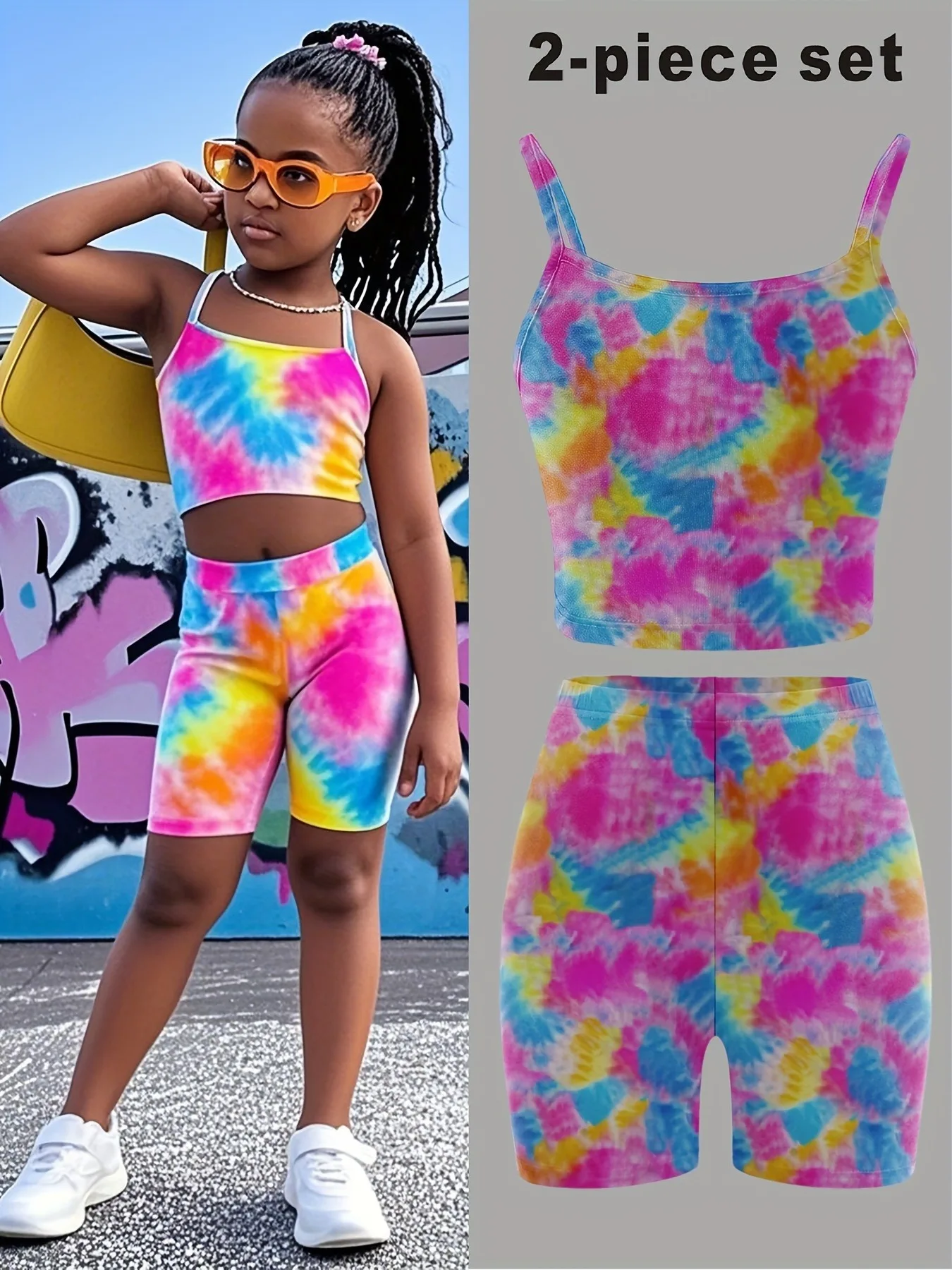 Kids Girls 2-Piece Tie-Dye Cami Crop Top & Biker Shorts Set Summer Casual Streetwear Loungewear Outfit