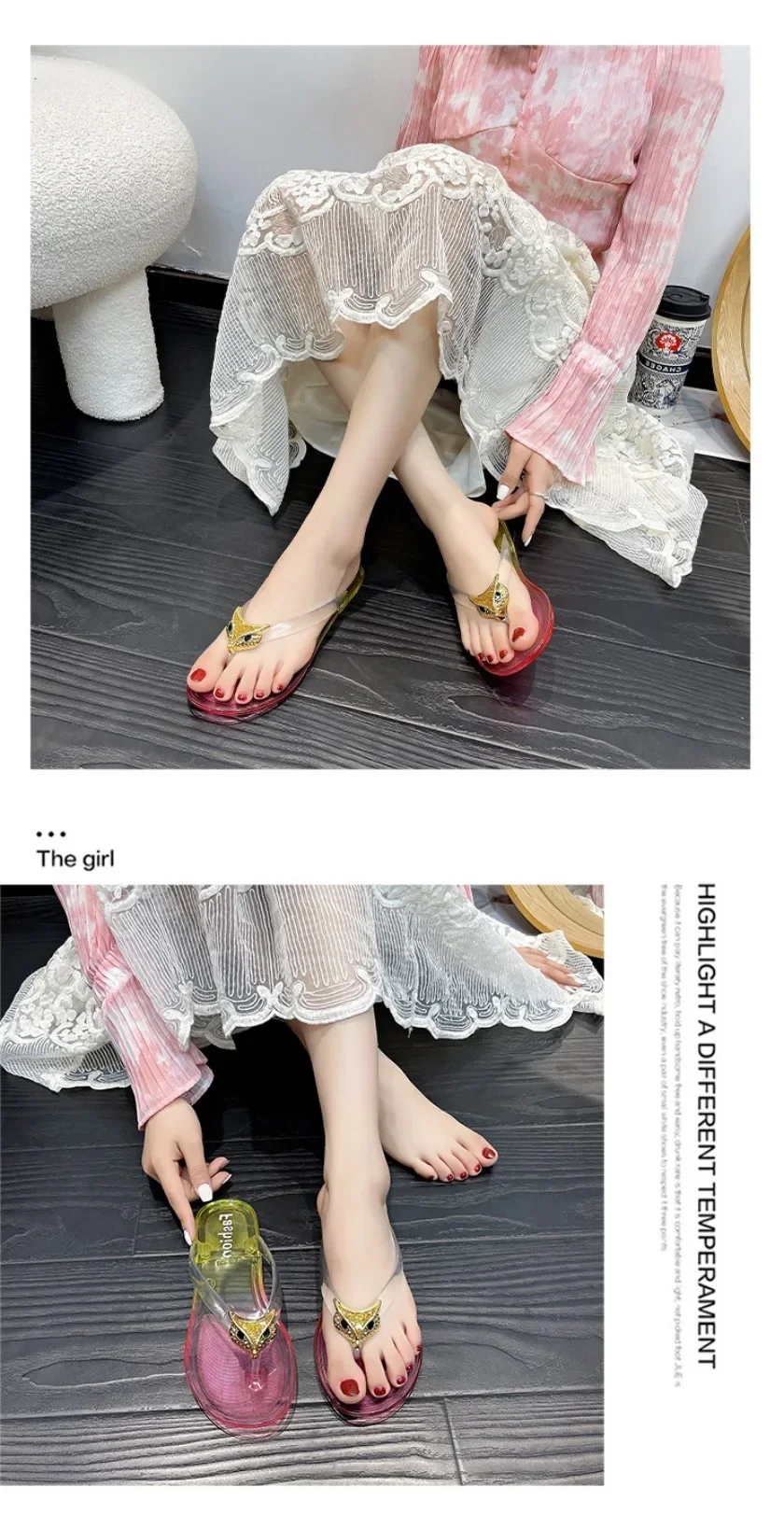 Crystal Flip Flops for Women, Flat Outdoor Slippers, Women's Layered Color Jelly Beach Clip On Shoes Toe Clip On Casual Slippers