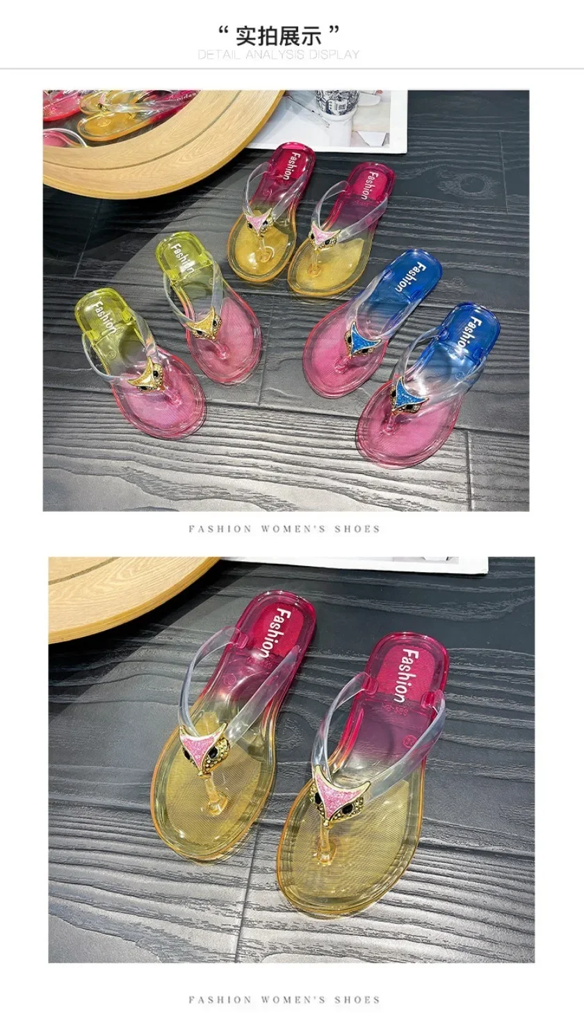 Crystal Flip Flops for Women, Flat Outdoor Slippers, Women's Layered Color Jelly Beach Clip On Shoes Toe Clip On Casual Slippers