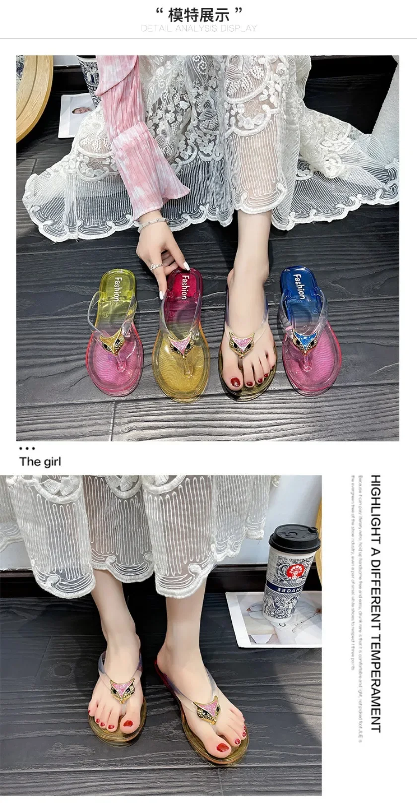 Crystal Flip Flops for Women, Flat Outdoor Slippers, Women's Layered Color Jelly Beach Clip On Shoes Toe Clip On Casual Slippers