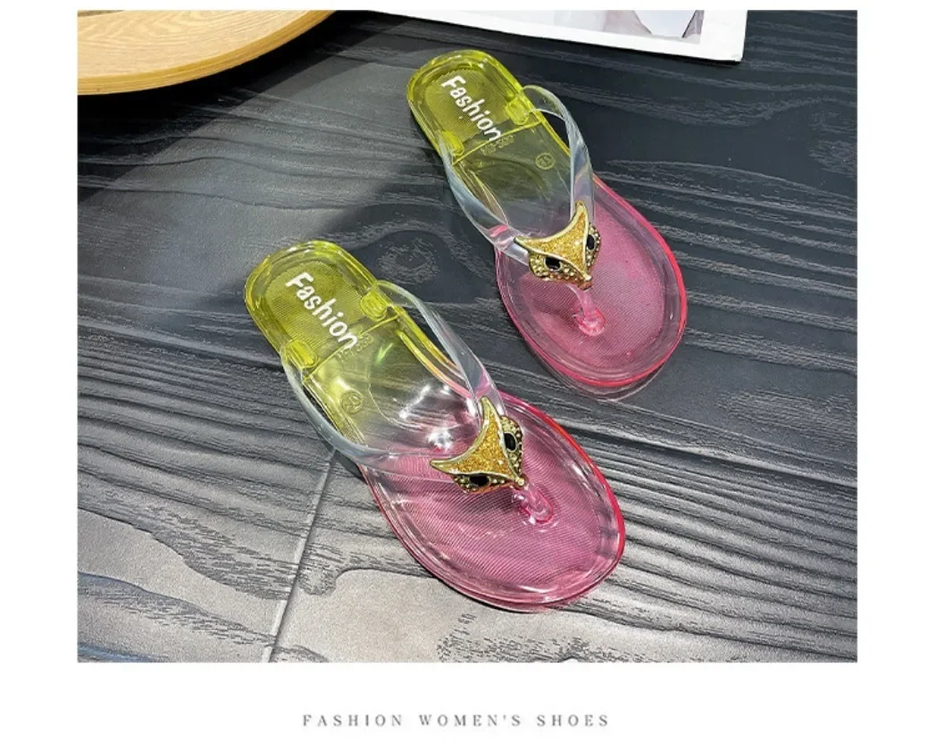 Crystal Flip Flops for Women, Flat Outdoor Slippers, Women's Layered Color Jelly Beach Clip On Shoes Toe Clip On Casual Slippers