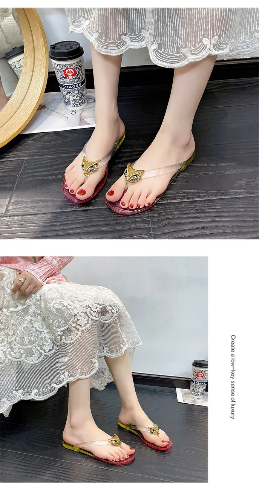 Crystal Flip Flops for Women, Flat Outdoor Slippers, Women's Layered Color Jelly Beach Clip On Shoes Toe Clip On Casual Slippers