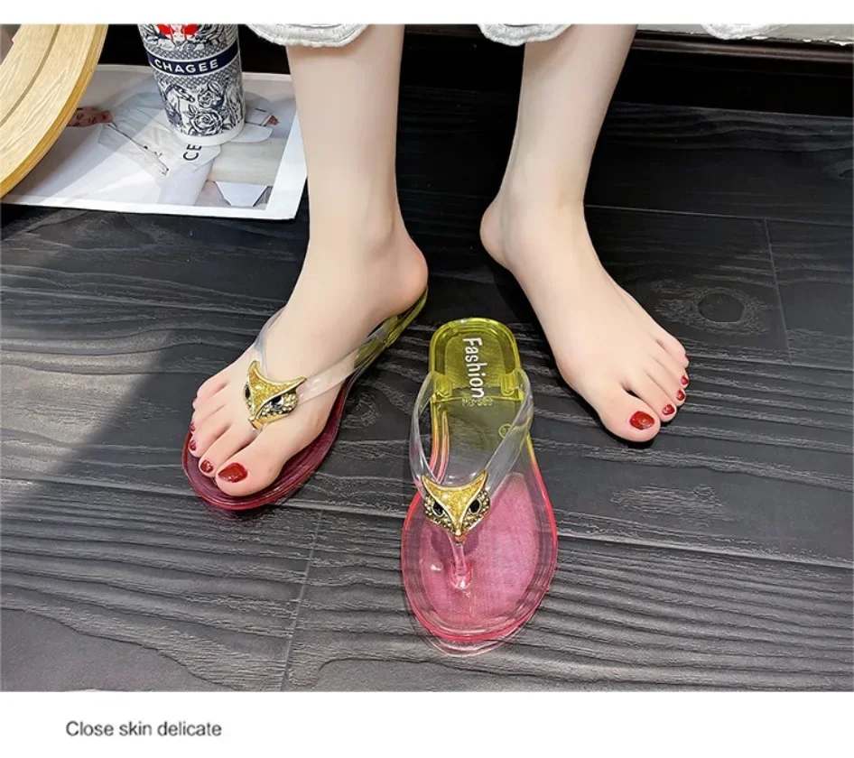 Crystal Flip Flops for Women, Flat Outdoor Slippers, Women's Layered Color Jelly Beach Clip On Shoes Toe Clip On Casual Slippers