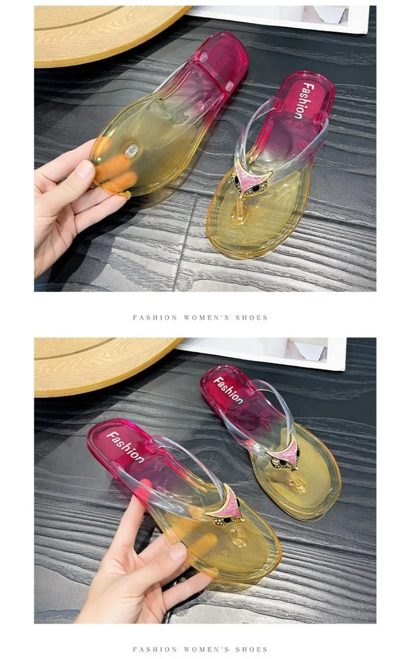 Crystal Flip Flops for Women, Flat Outdoor Slippers, Women's Layered Color Jelly Beach Clip On Shoes Toe Clip On Casual Slippers