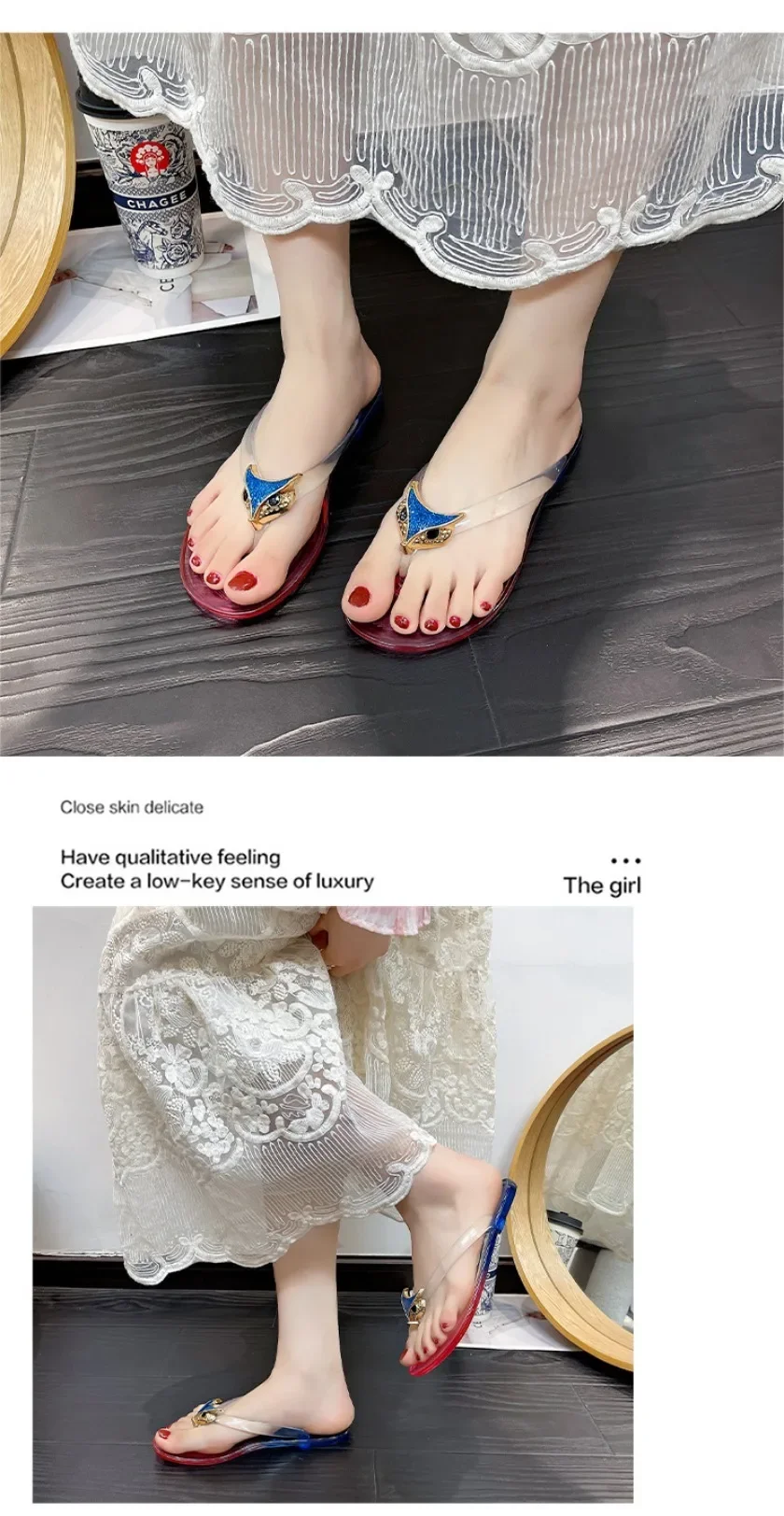 Crystal Flip Flops for Women, Flat Outdoor Slippers, Women's Layered Color Jelly Beach Clip On Shoes Toe Clip On Casual Slippers