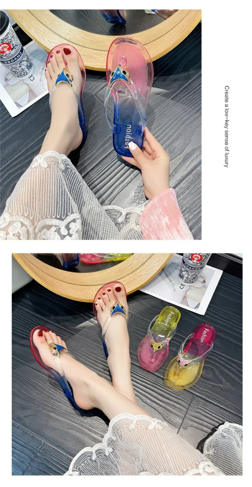Crystal Flip Flops for Women, Flat Outdoor Slippers, Women's Layered Color Jelly Beach Clip On Shoes Toe Clip On Casual Slippers
