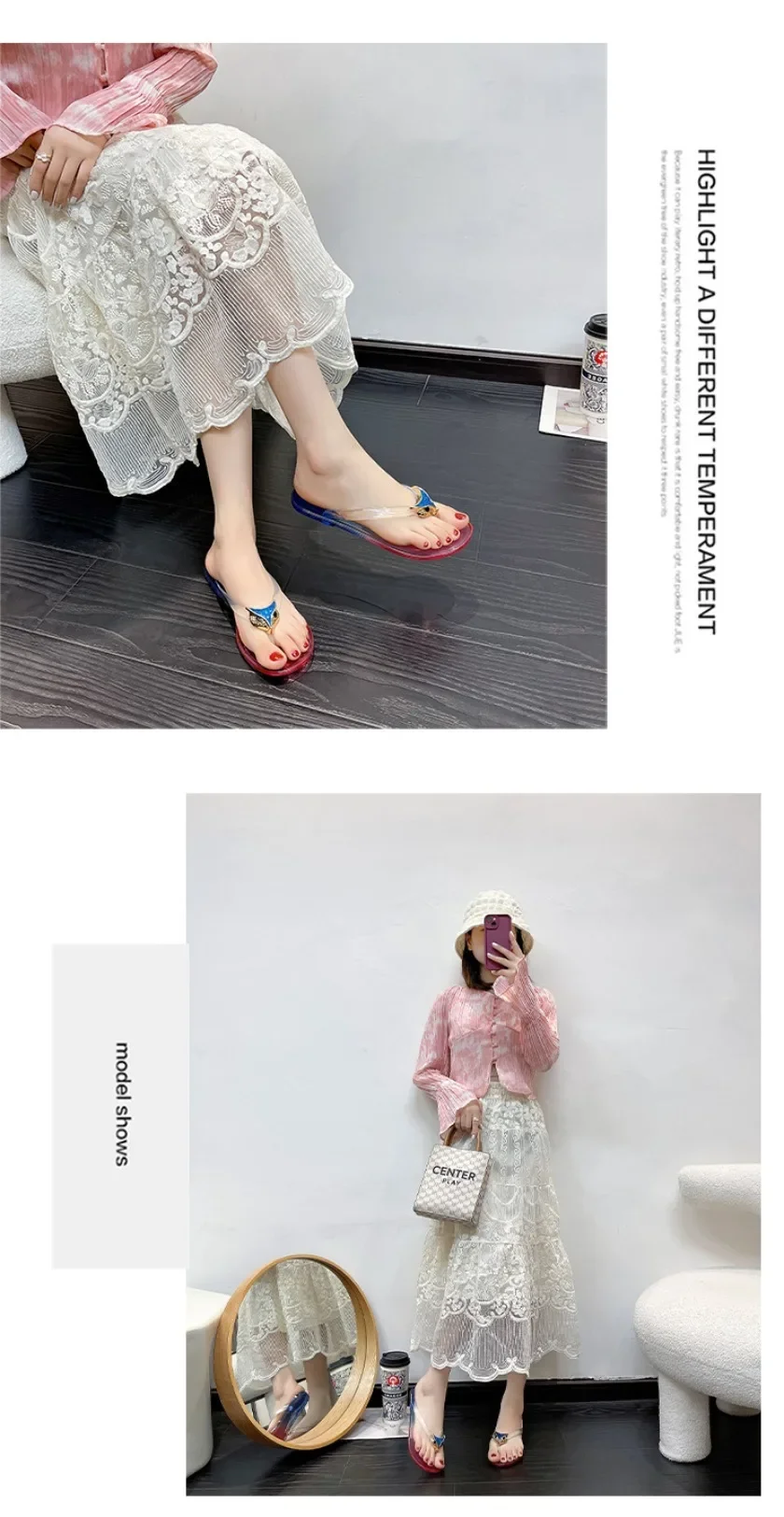 Crystal Flip Flops for Women, Flat Outdoor Slippers, Women's Layered Color Jelly Beach Clip On Shoes Toe Clip On Casual Slippers