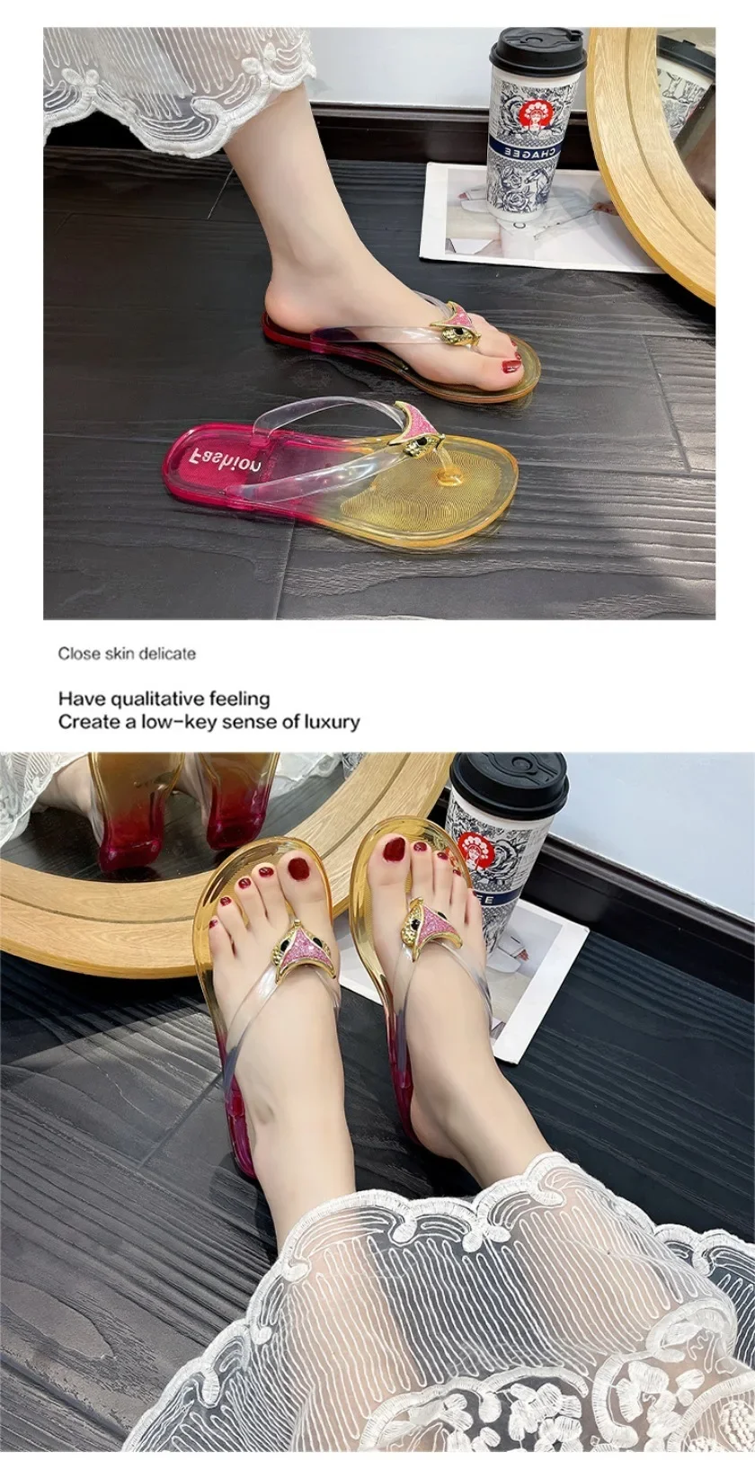 Crystal Flip Flops for Women, Flat Outdoor Slippers, Women's Layered Color Jelly Beach Clip On Shoes Toe Clip On Casual Slippers