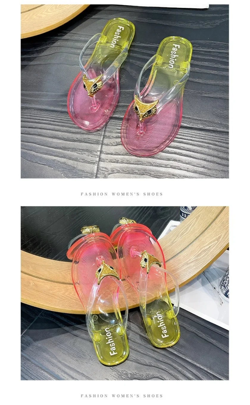 Crystal Flip Flops for Women, Flat Outdoor Slippers, Women's Layered Color Jelly Beach Clip On Shoes Toe Clip On Casual Slippers