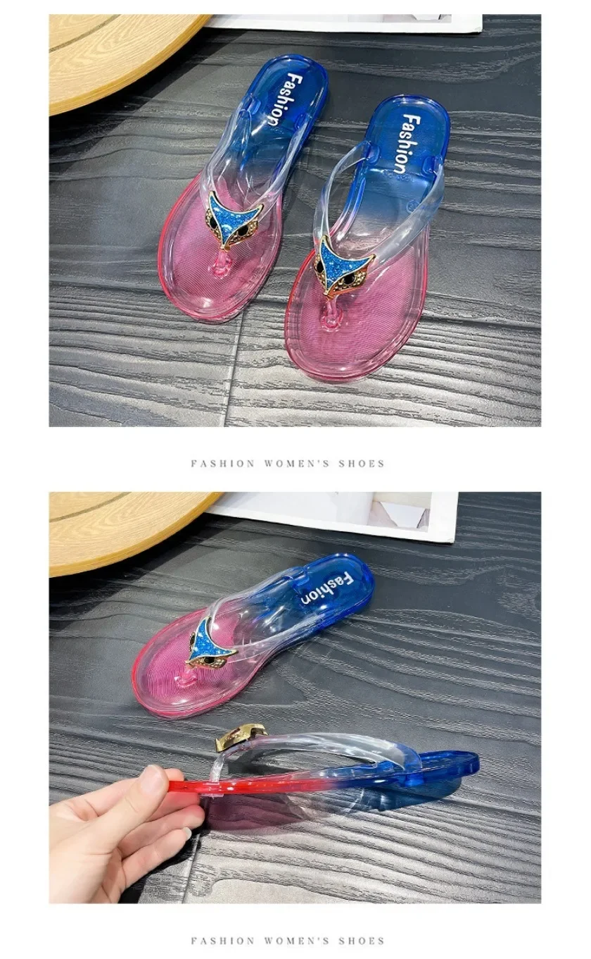 Crystal Flip Flops for Women, Flat Outdoor Slippers, Women's Layered Color Jelly Beach Clip On Shoes Toe Clip On Casual Slippers