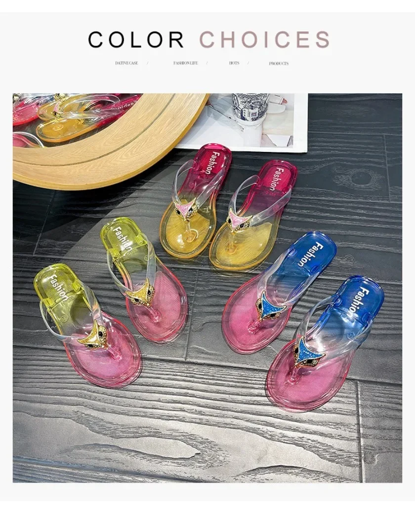 Crystal Flip Flops for Women, Flat Outdoor Slippers, Women's Layered Color Jelly Beach Clip On Shoes Toe Clip On Casual Slippers