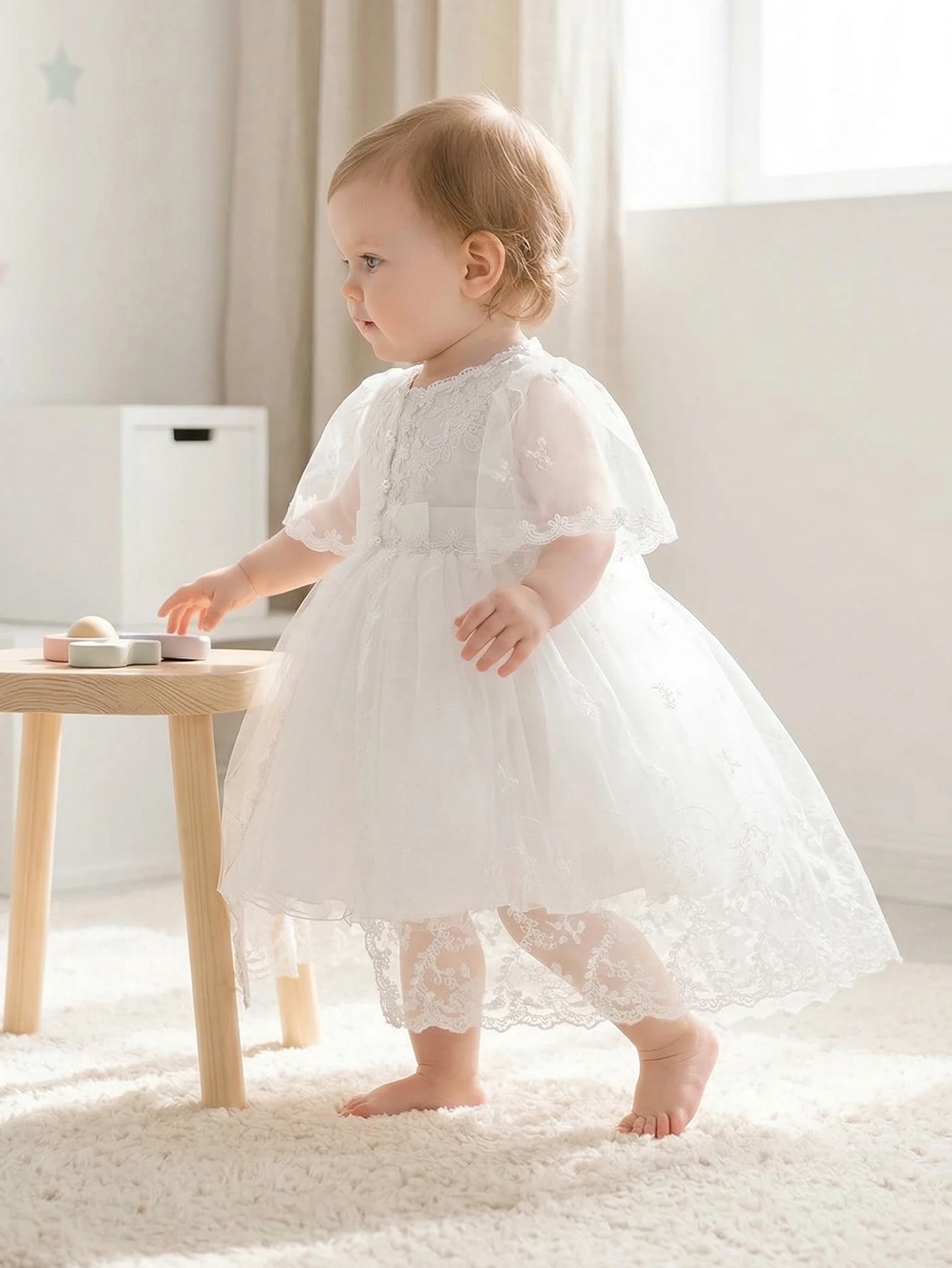 High-end White Baptismal Gown for Infant Girls Ages 0–2 Years, Featuring Delicate Lace Embroidery, Coordinated Coat and Skirt