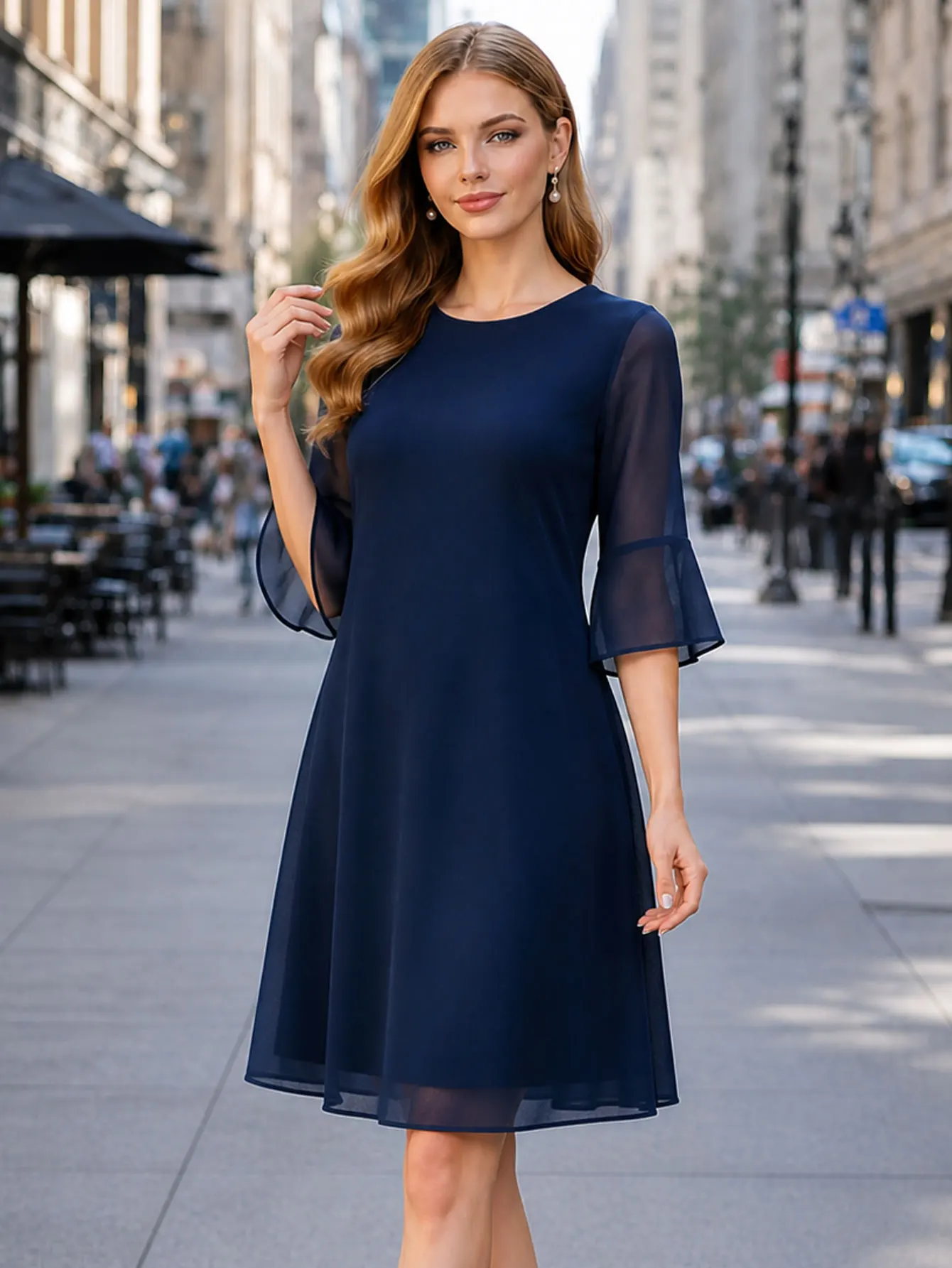 Women Elegant Pure Color O-Neck Summer Bell Sleeve Leisure Cocktail Party Knee Length Full Skirt A-Line Evening Dress