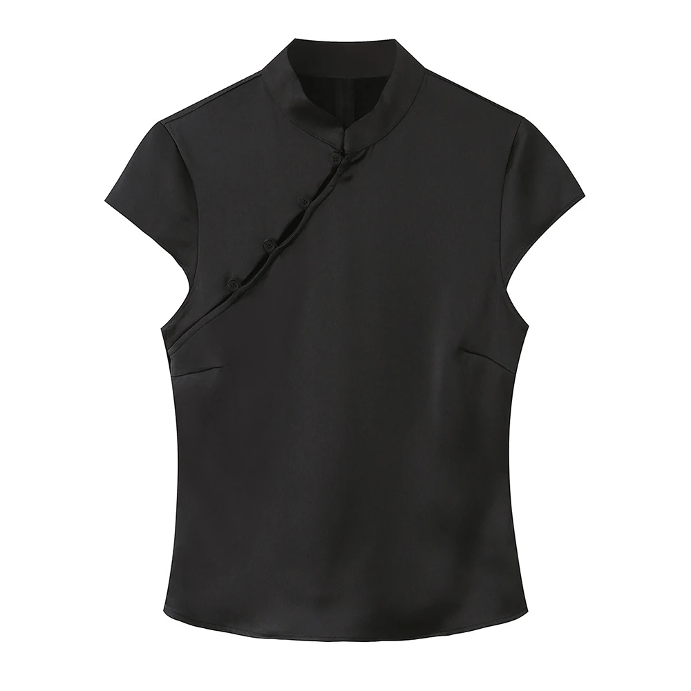 Willshela Women Fashion Solid Side Button Zipper Slim Fitting Tops Vintage Stand Neck Short Sleeves Female Chic Lady Tank Tops