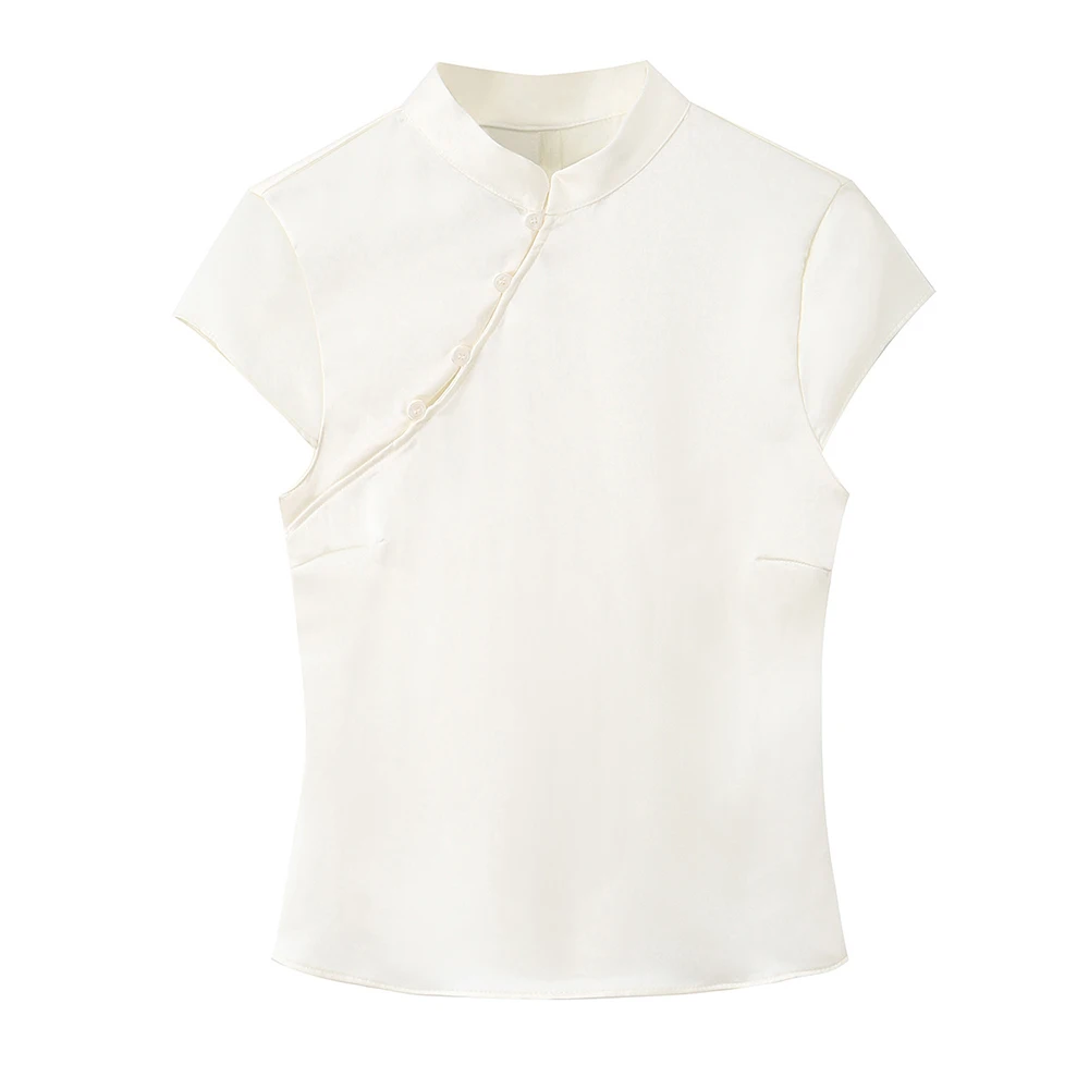 Willshela Women Fashion Solid Side Button Zipper Slim Fitting Tops Vintage Stand Neck Short Sleeves Female Chic Lady Tank Tops