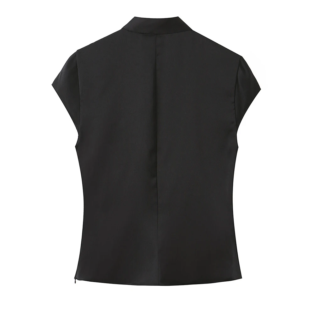 Willshela Women Fashion Solid Side Button Zipper Slim Fitting Tops Vintage Stand Neck Short Sleeves Female Chic Lady Tank Tops