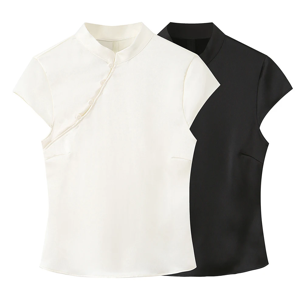 Willshela Women Fashion Solid Side Button Zipper Slim Fitting Tops Vintage Stand Neck Short Sleeves Female Chic Lady Tank Tops