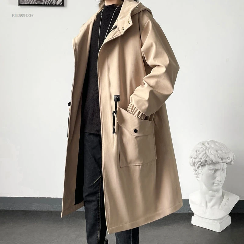 KIDWHXR Men Trench Coat Spring Autumn Mid-length Hooded Casual Male Windbreaker Fashion Simlpe Solid Color Pocket Man Outerwear