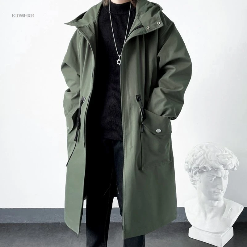 KIDWHXR Men Trench Coat Spring Autumn Mid-length Hooded Casual Male Windbreaker Fashion Simlpe Solid Color Pocket Man Outerwear