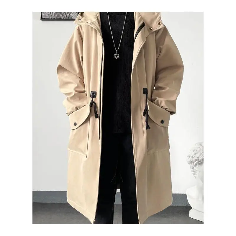 KIDWHXR Men Trench Coat Spring Autumn Mid-length Hooded Casual Male Windbreaker Fashion Simlpe Solid Color Pocket Man Outerwear