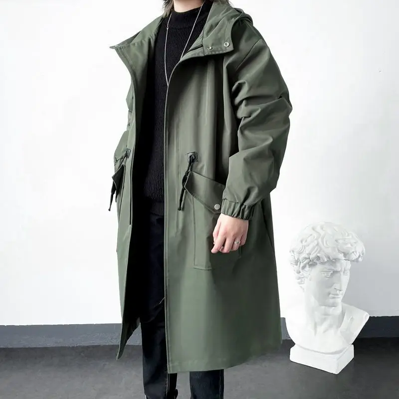 KIDWHXR Men Trench Coat Spring Autumn Mid-length Hooded Casual Male Windbreaker Fashion Simlpe Solid Color Pocket Man Outerwear