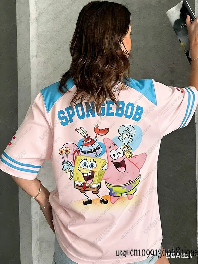 Cartoon SpongeBob Print T-shirts For Women Casual V-Neck Patchwork Short Sleeve Sports Football Jersey Loose Oversized Y2K Tops