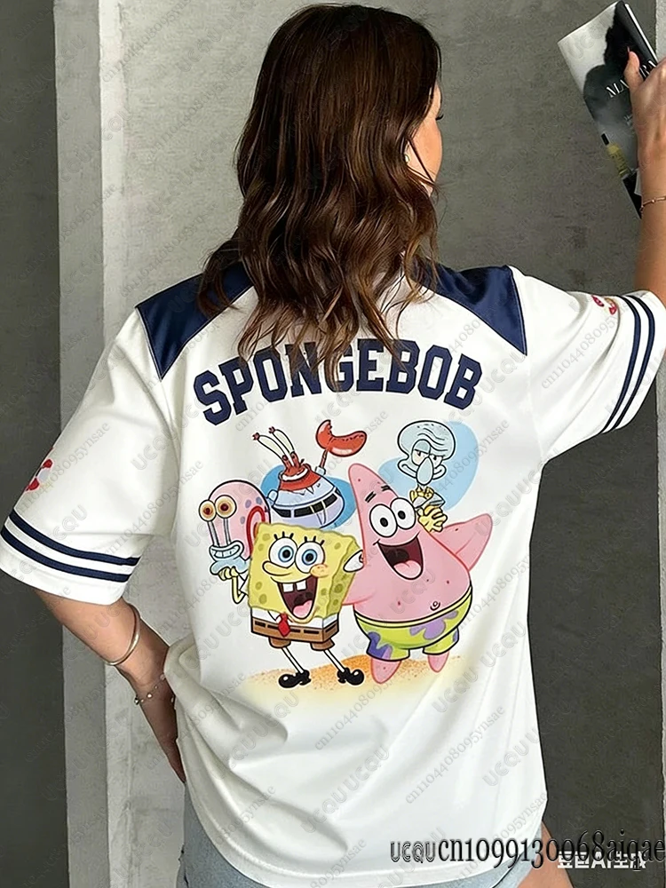 Cartoon SpongeBob Print T-shirts For Women Casual V-Neck Patchwork Short Sleeve Sports Football Jersey Loose Oversized Y2K Tops