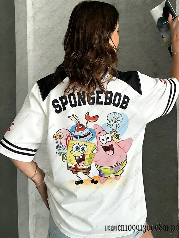 Cartoon SpongeBob Print T-shirts For Women Casual V-Neck Patchwork Short Sleeve Sports Football Jersey Loose Oversized Y2K Tops