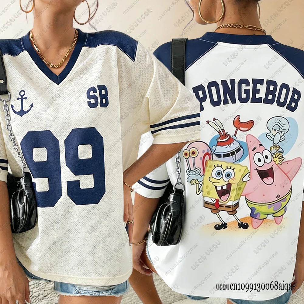 Cartoon SpongeBob Print T-shirts For Women Casual V-Neck Patchwork Short Sleeve Sports Football Jersey Loose Oversized Y2K Tops