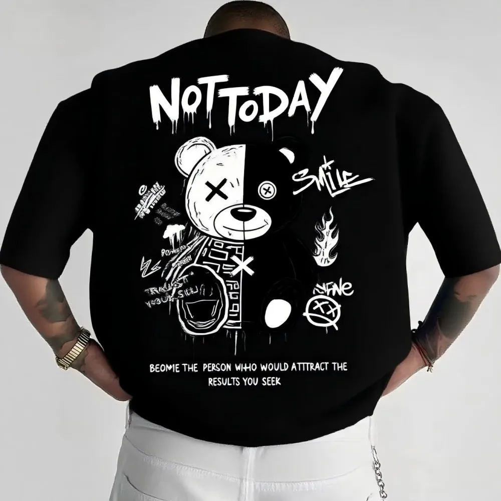 Fashionable Men's Summer Spliced Teddy Bear Letter Print Comfortable and Breathable Round Neck T-Shirt Outdoor Street Top