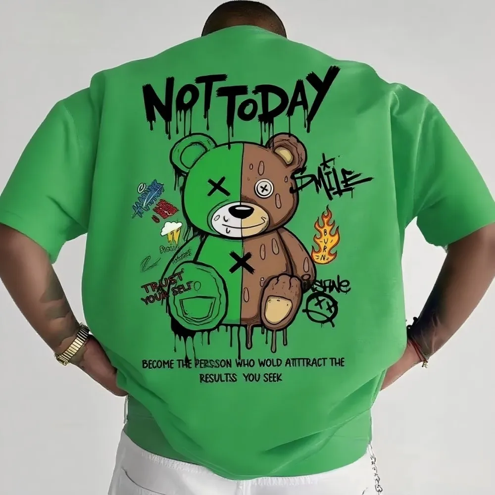 Fashionable Men's Summer Spliced Teddy Bear Letter Print Comfortable and Breathable Round Neck T-Shirt Outdoor Street Top