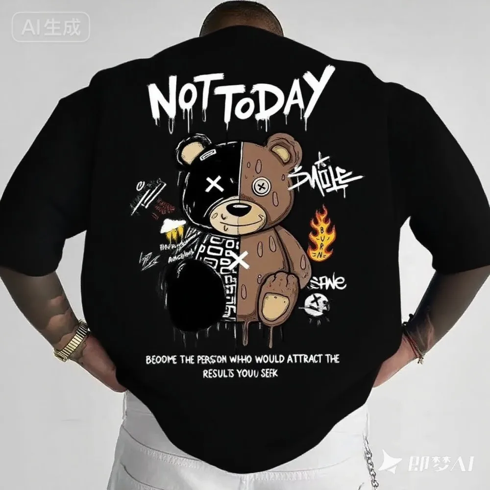Fashionable Men's Summer Spliced Teddy Bear Letter Print Comfortable and Breathable Round Neck T-Shirt Outdoor Street Top