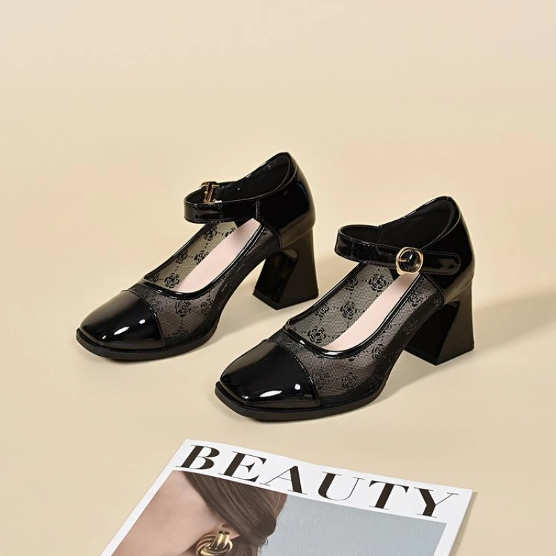 Women's High-Heel Work Shoes-Spring PU Leather Slip-On Mesh Mary Janes with Adjustable Ankle Strap, Perfect for Office and Daily