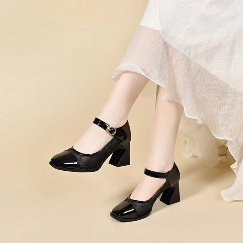 Women's High-Heel Work Shoes-Spring PU Leather Slip-On Mesh Mary Janes with Adjustable Ankle Strap, Perfect for Office and Daily