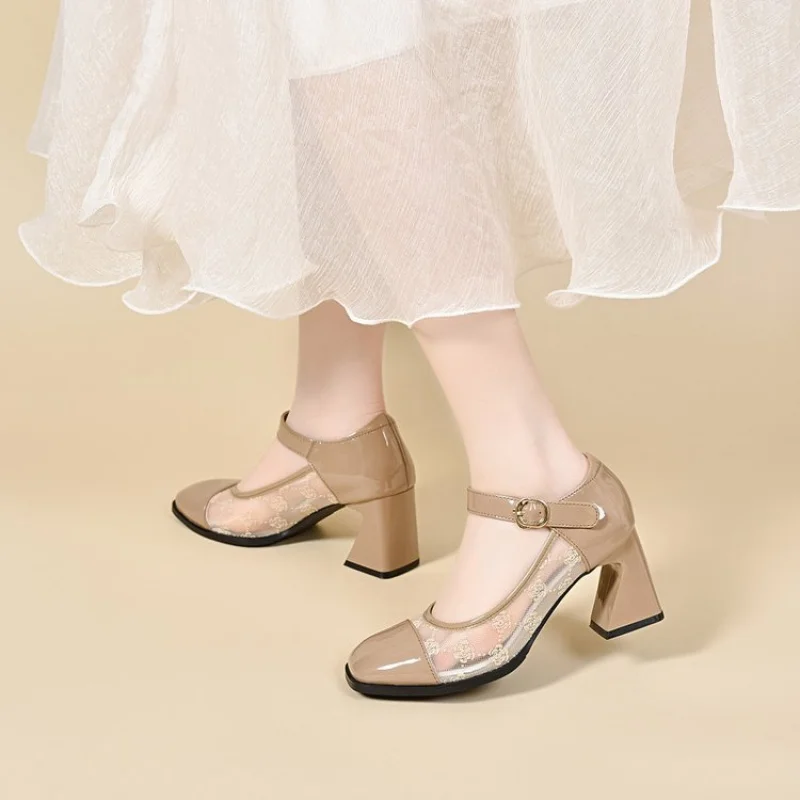Women's High-Heel Work Shoes-Spring PU Leather Slip-On Mesh Mary Janes with Adjustable Ankle Strap, Perfect for Office and Daily
