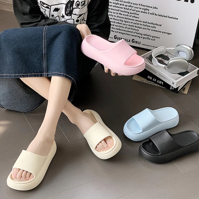 Summer Thick Bottom Cloud Slippers For Women Solid Color EVA Platform Sandals Woman Soft Sole Non-slip Beach Pillow Slides