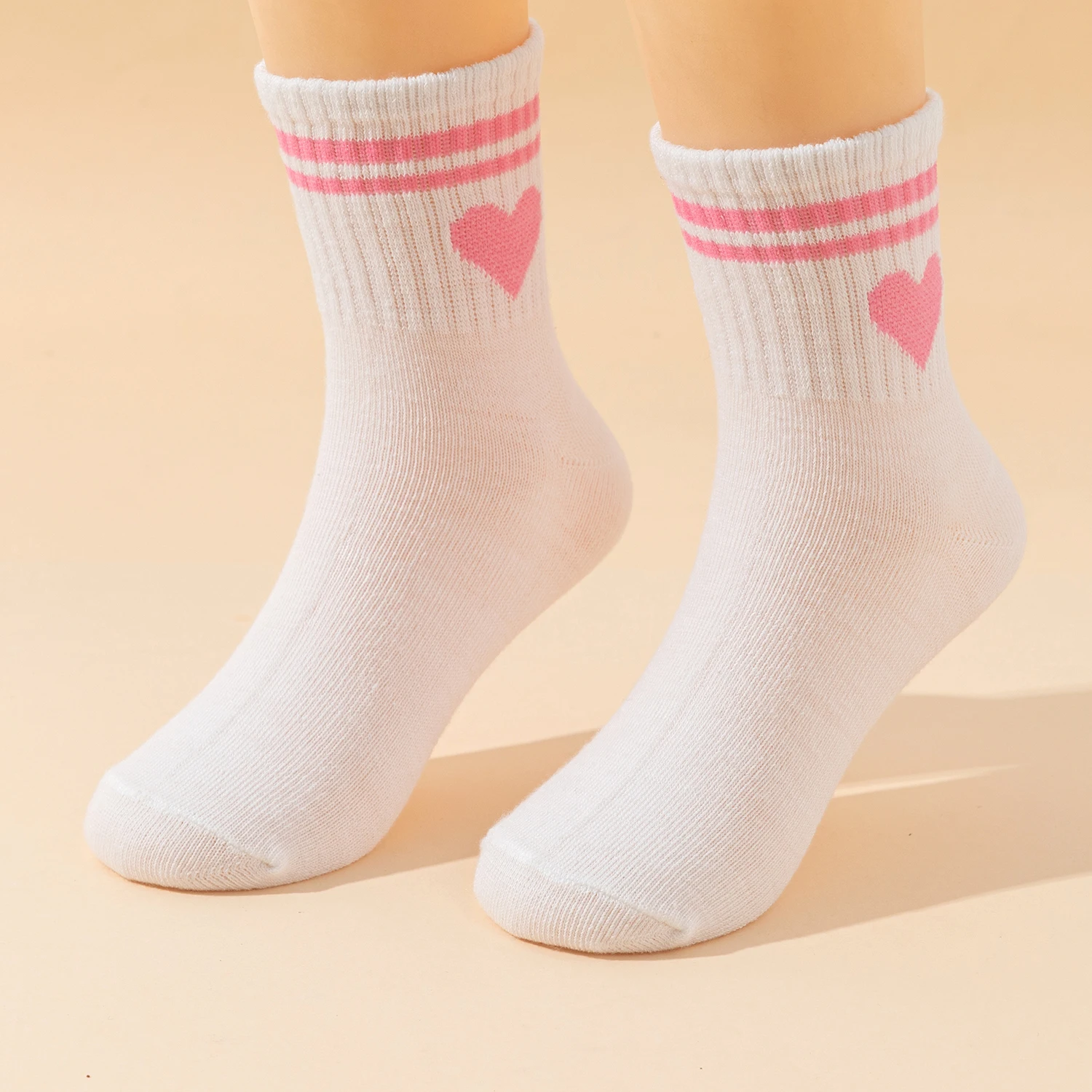 10 Pairs Kids Socks Heart Pattern Bar White Basic Sports Versatile Children's Footwear, Girls' School Socks